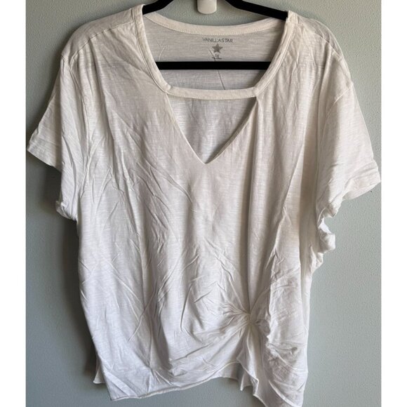 Vanilla Star Tops - Vanilla Star Womens White Short Sleeve Tee 3X Knotted Hem V-Neck Casual Loose